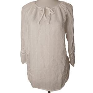 Chicos Sheer Knit Lace Insert Popover Top Blouse Monotone Check White Medium